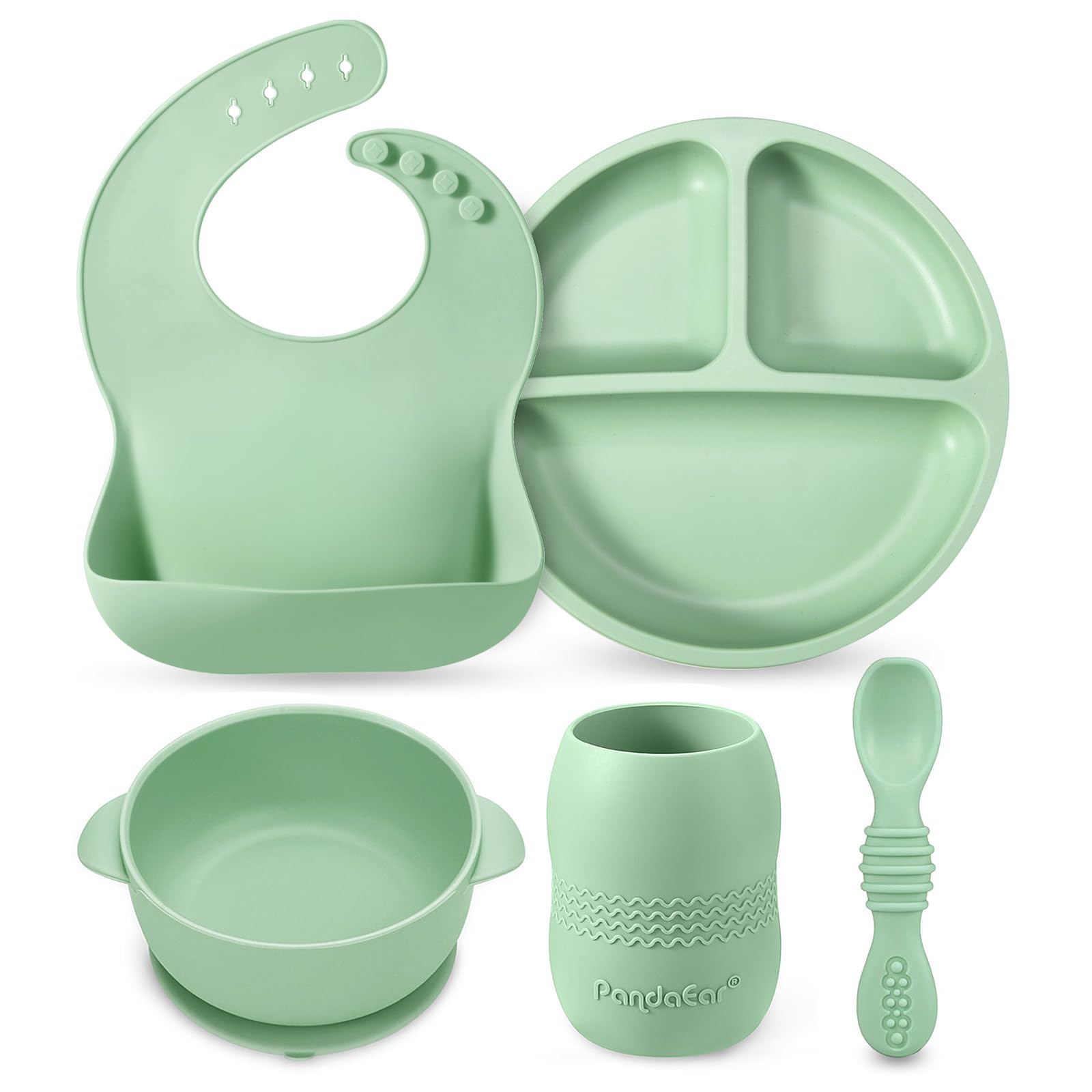 Silicone Baby Feeding Set — Bib, Suction Plate, Bowl, Cup & Spoon